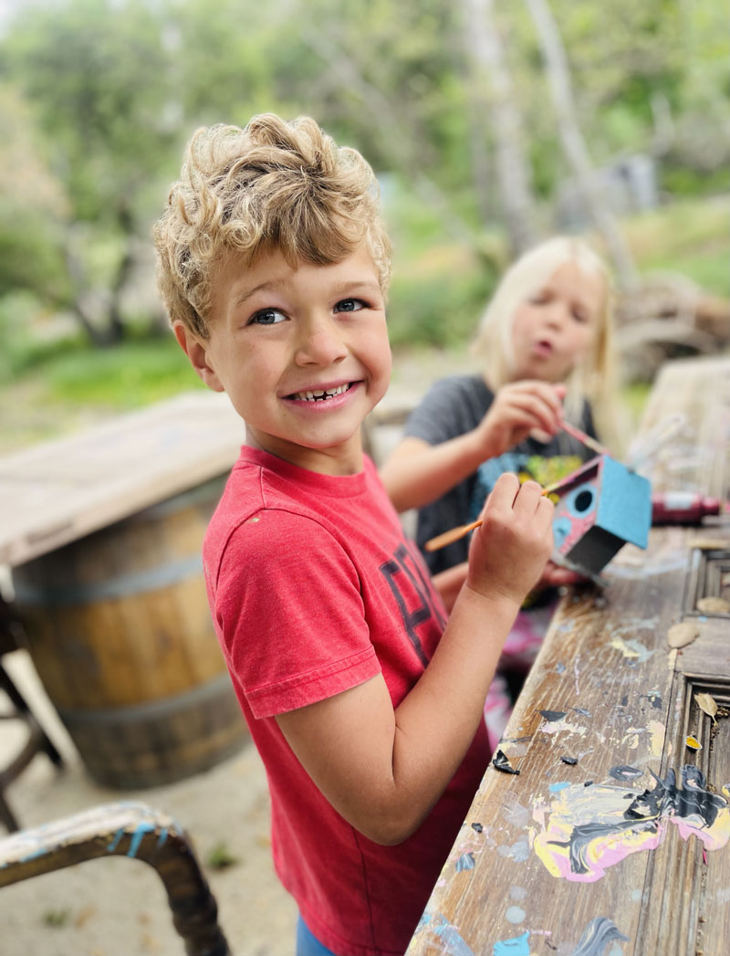 Picture of a boy painting bird houses during outdoor / forest school at Behere